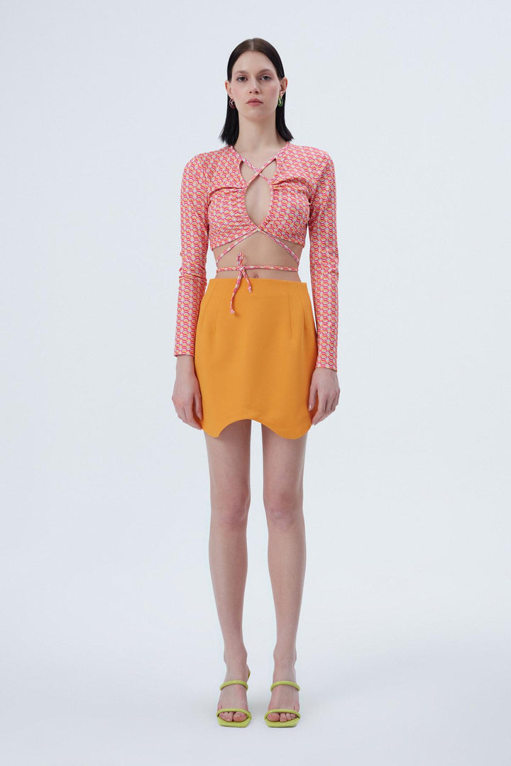 Desenli Cut Out Crop Bluz Pembe