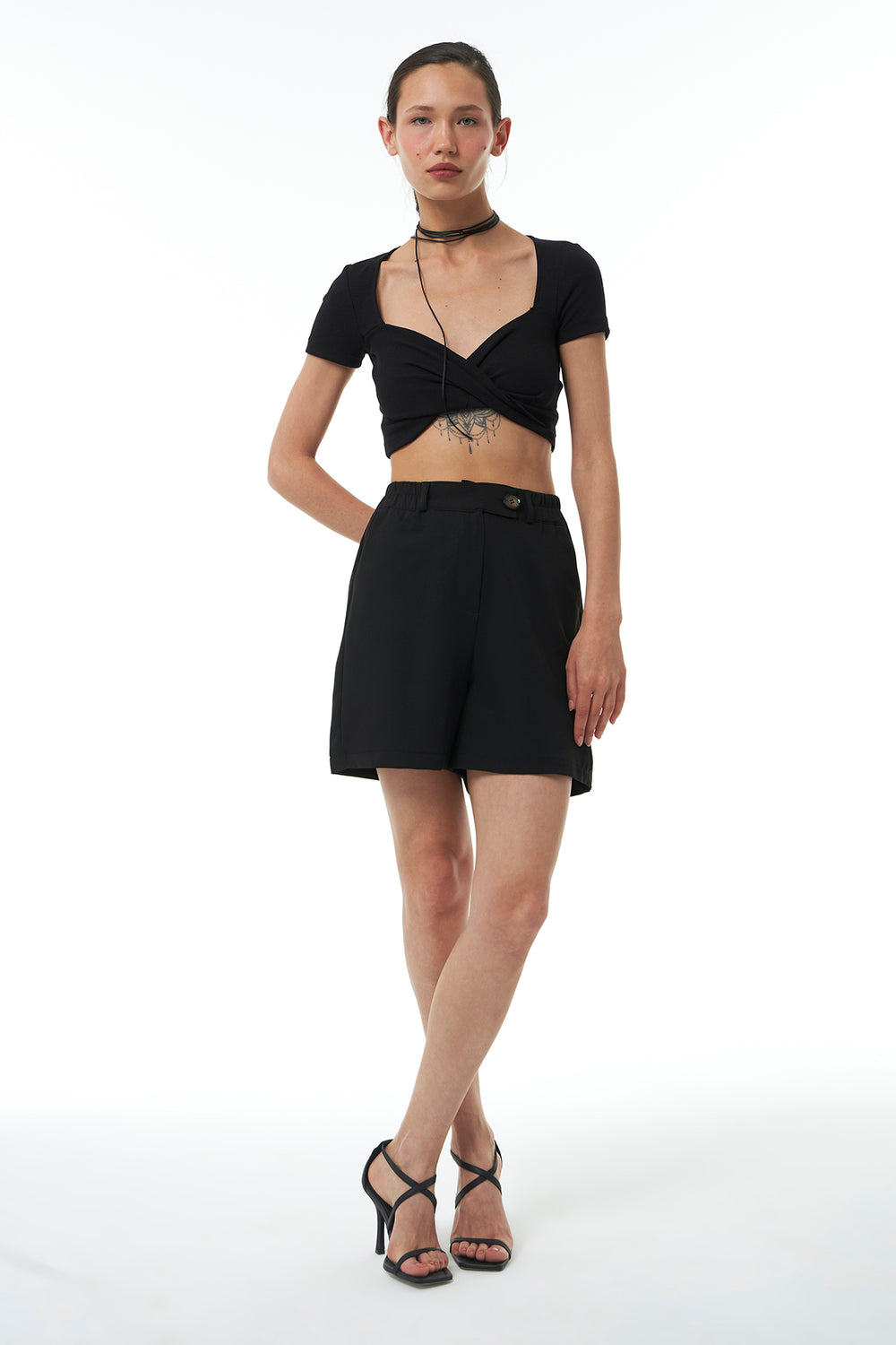 Cross Collar Crop Blouse Black