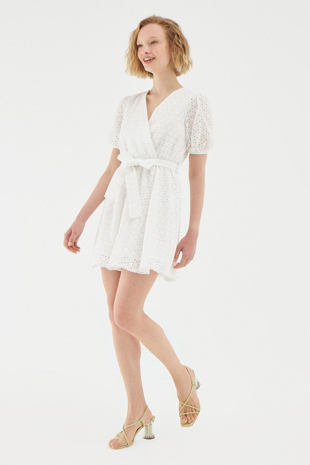 Tie Waist Guipure Dress Ecru