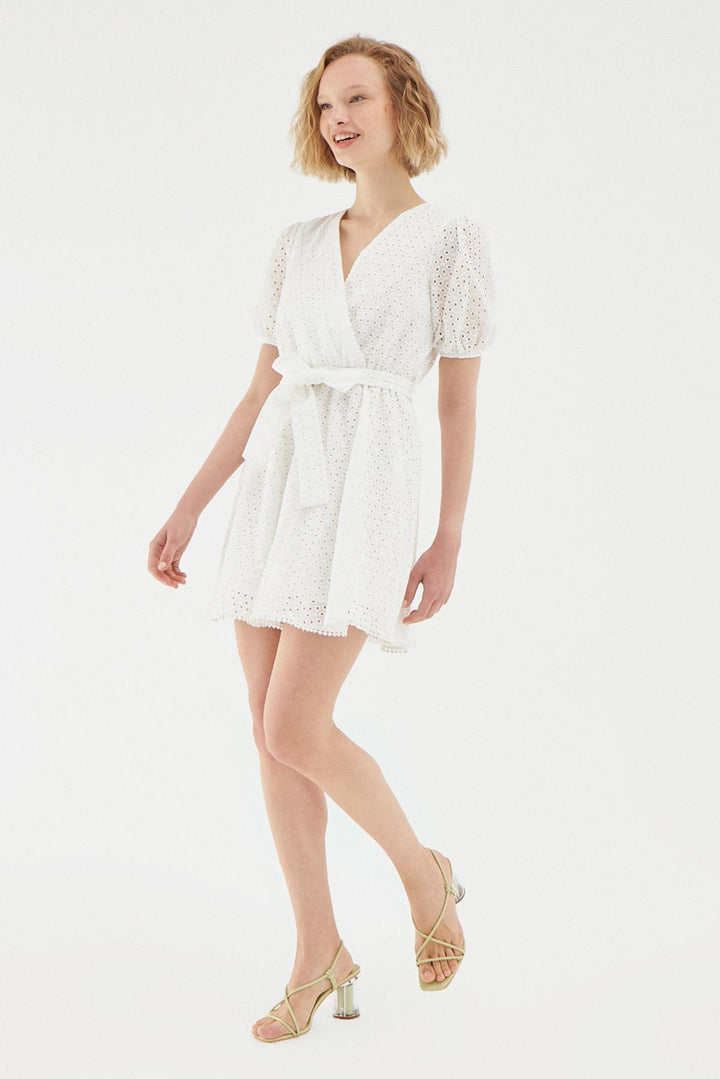 Tie Waist Guipure Dress Ecru