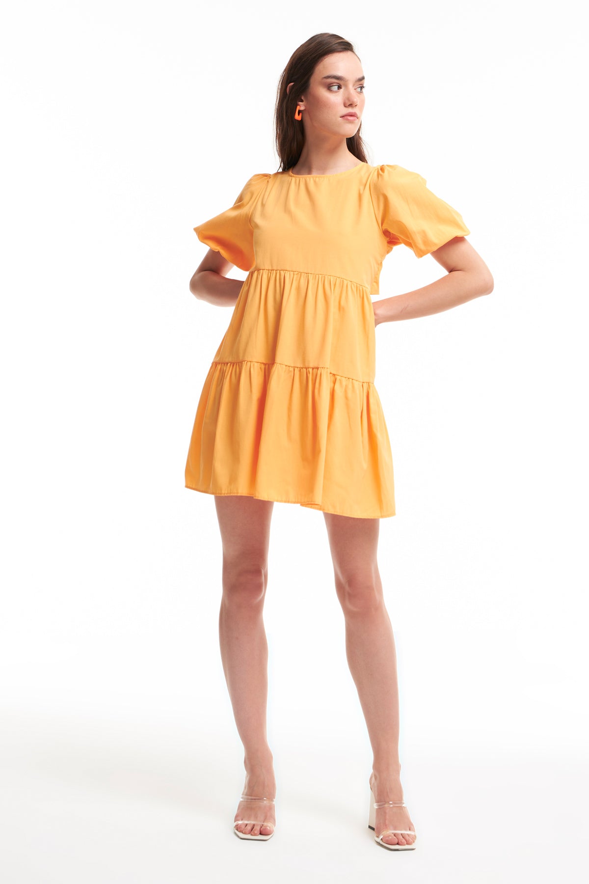 Low Back Balloon Sleeve Dress Light Orange