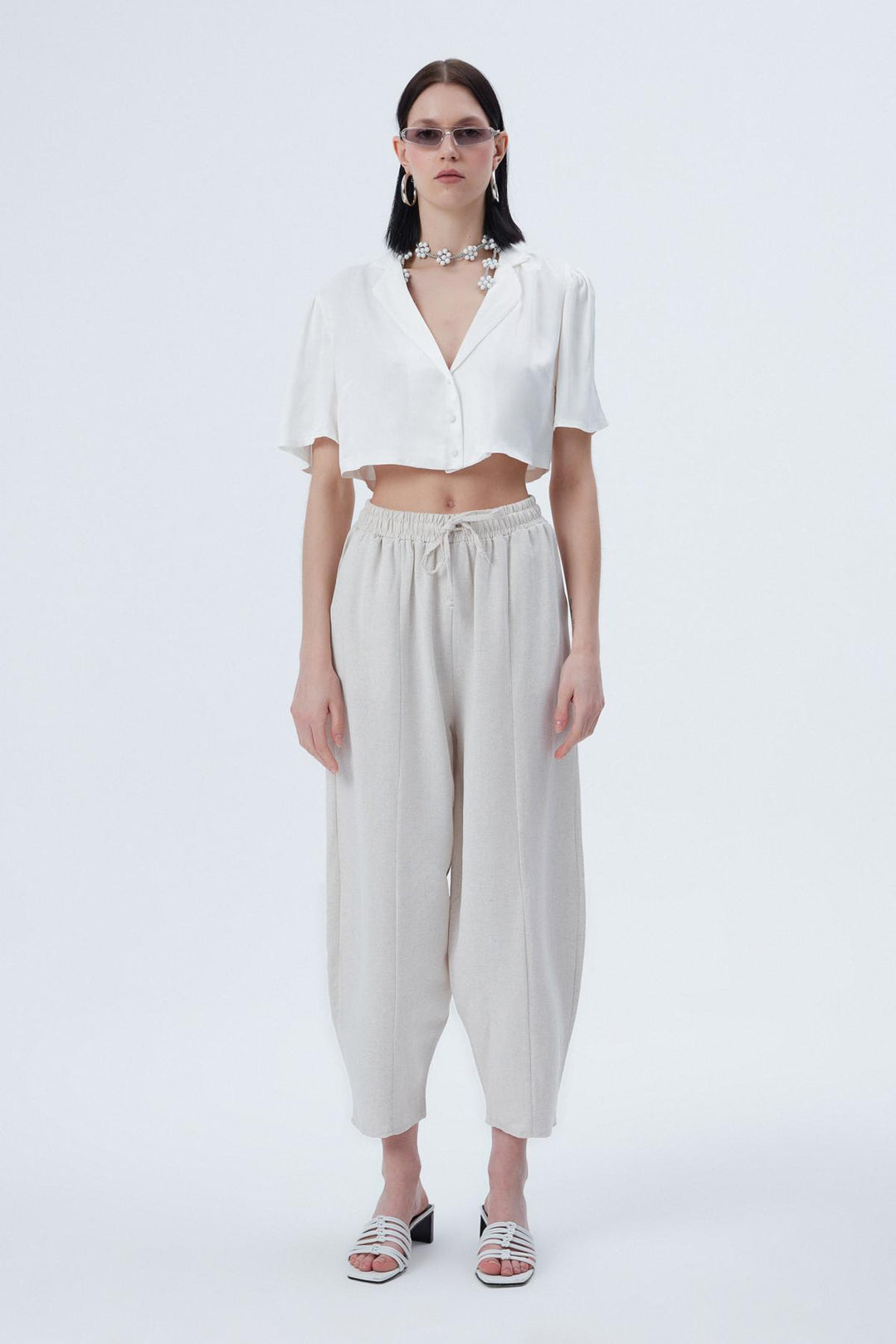 Beli Lastikli Keten Pantolon Naturel