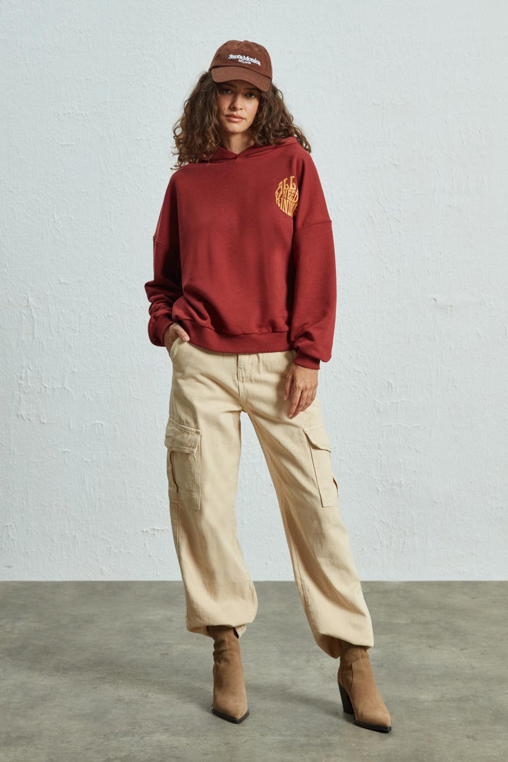 Sırt Baskılı Kapüşonlu Sweatshirt Kiremit