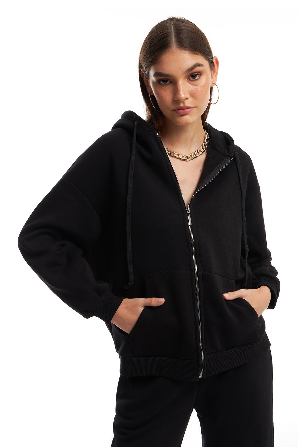 Zipper Hoodie Sweatshirt Black