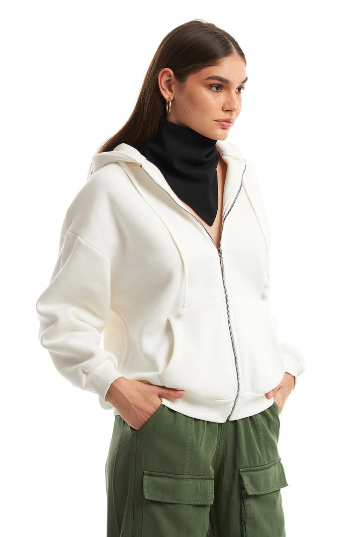 Zipper Hoodie Sweatshirt Ecru