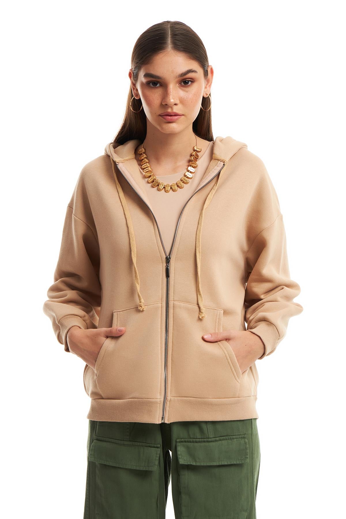 Zippered Hoodie Sweatshirt Beige