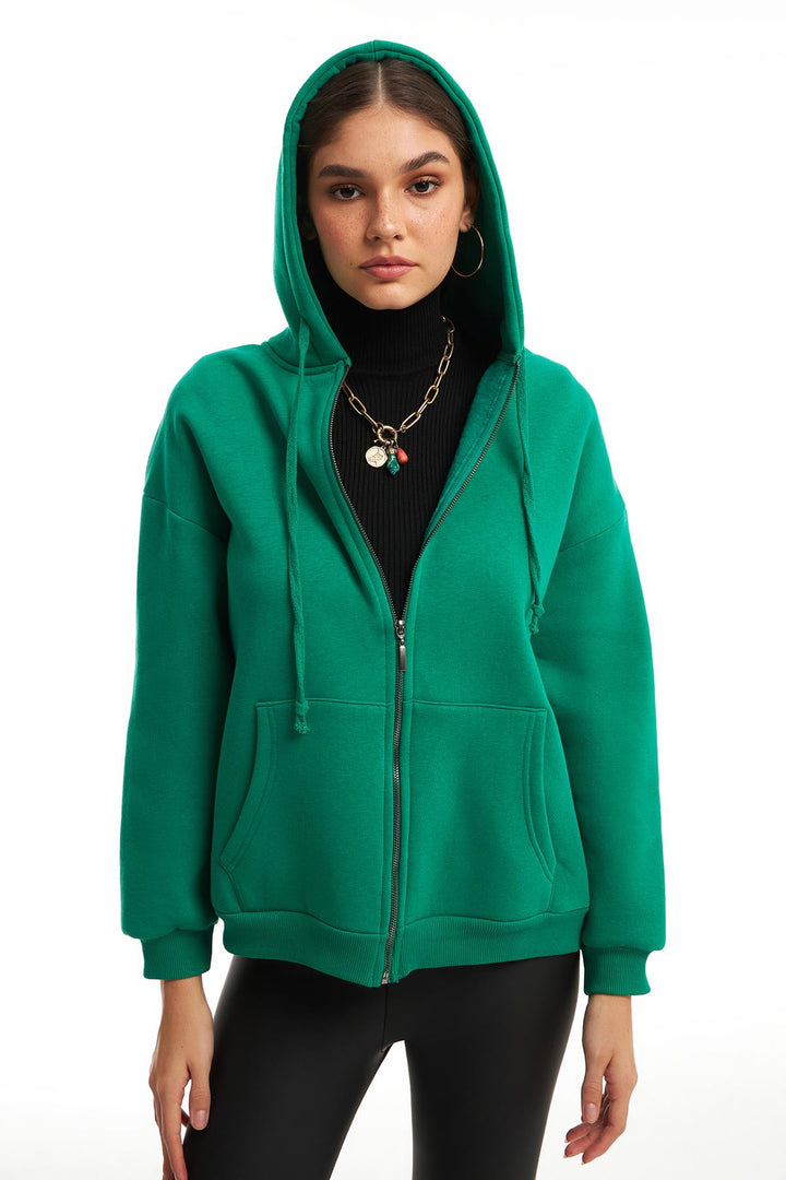 Fermuarlı Kapüşonlu Sweatshirt Koyu Yeşil
