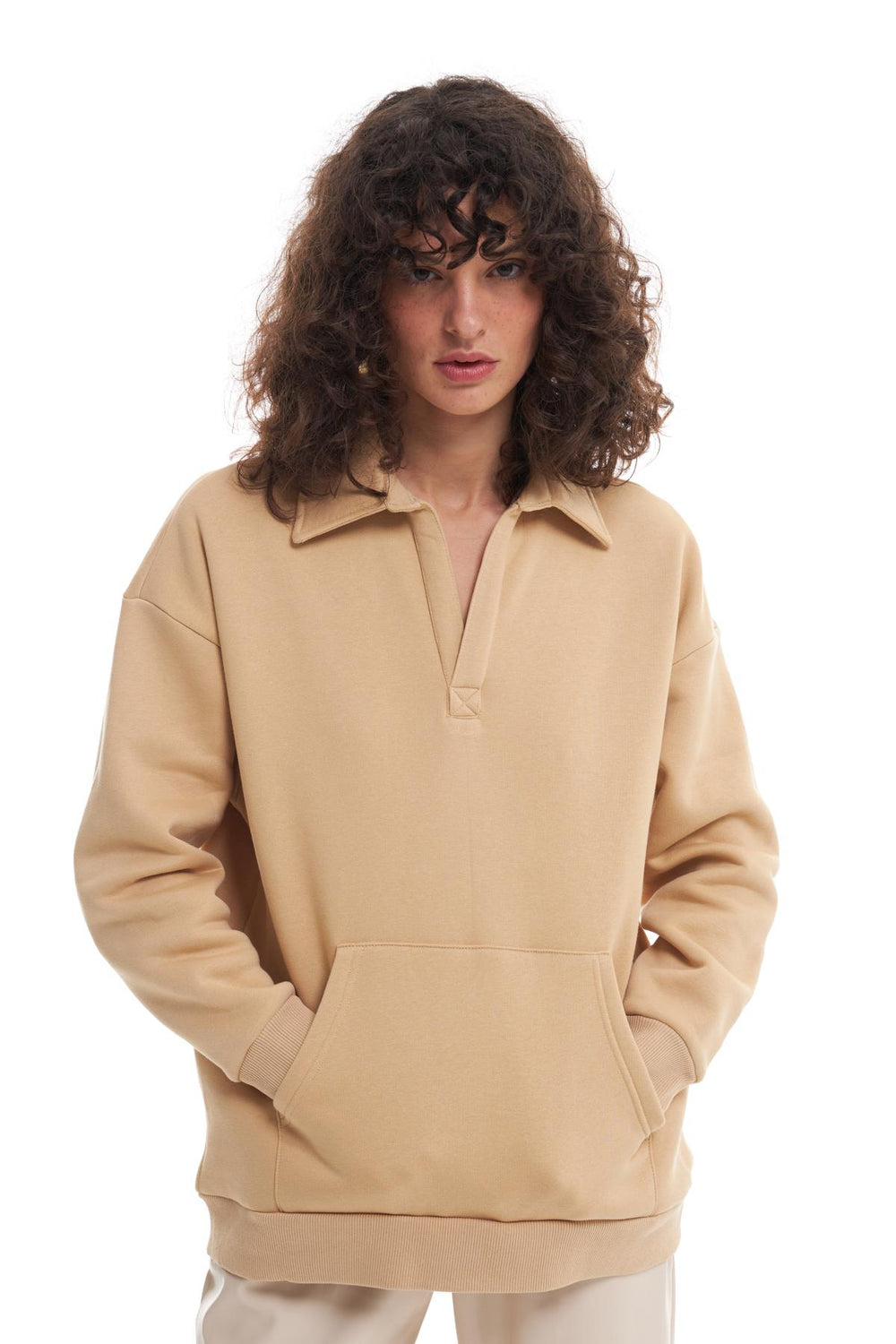 Kangaroo Pocket Polo Neck Sweatshirt Beige