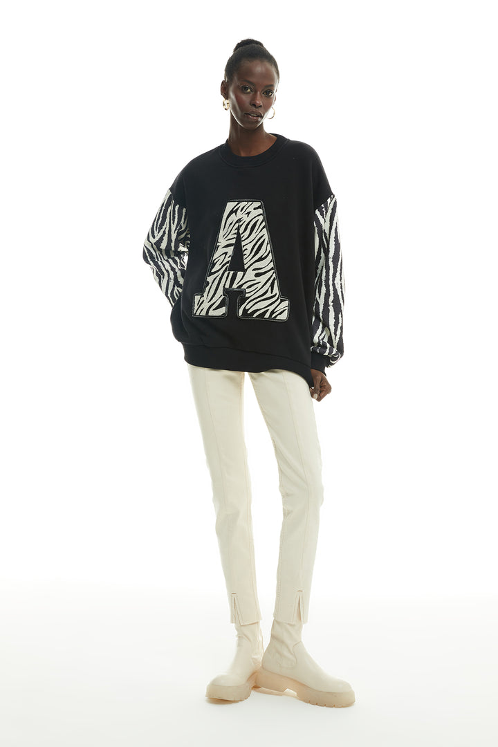 Kolları Zebra Baskılı Sweatshirt Siyah