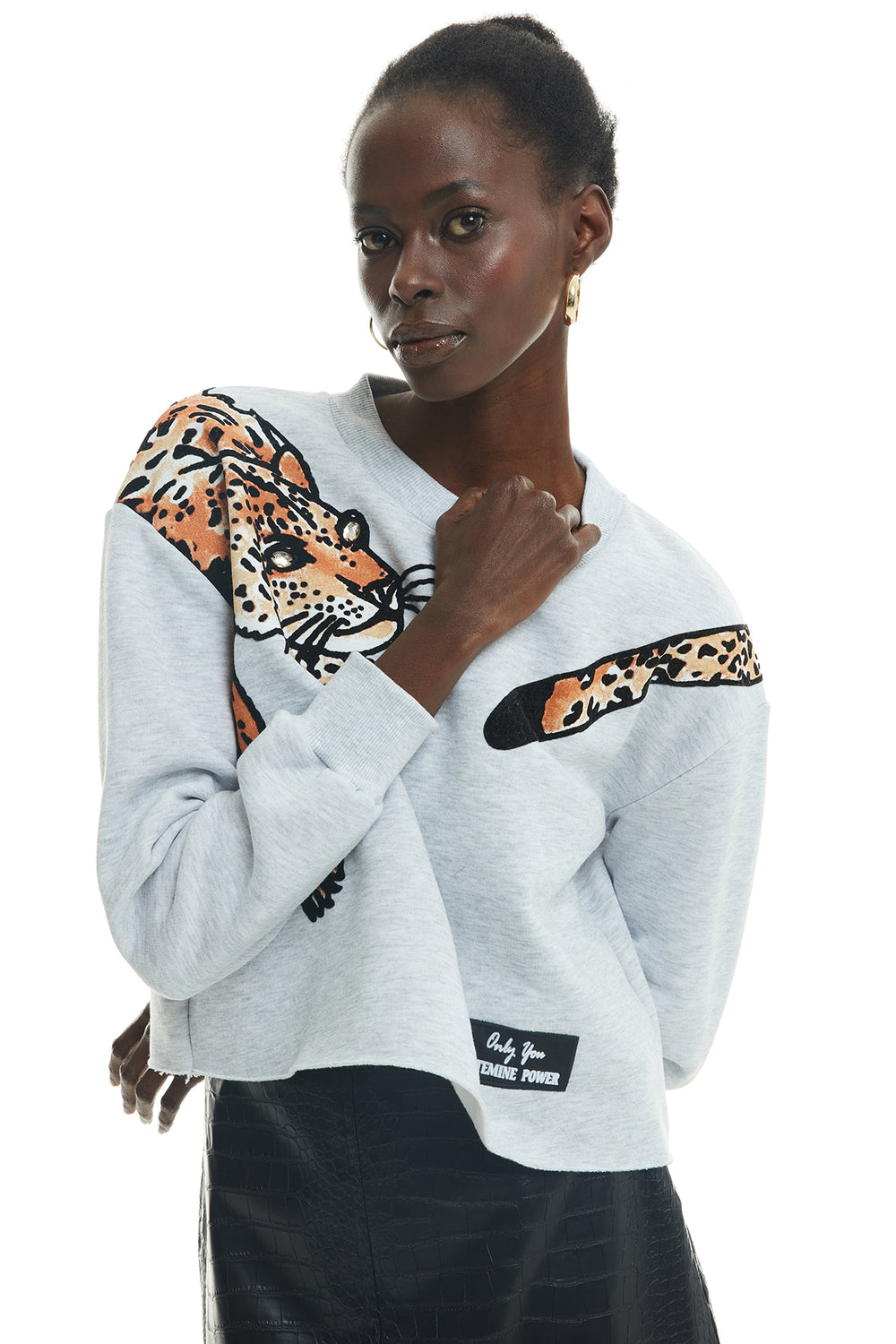 Cutout Detailed Leopard Crop Sweatshirt Gray