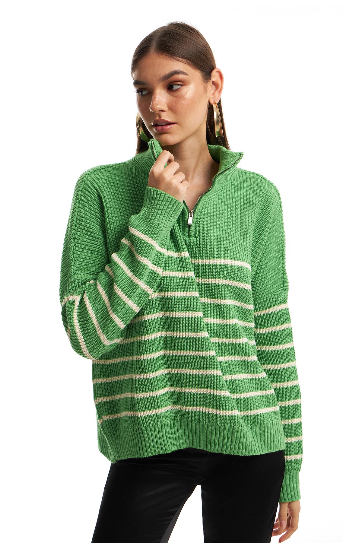 Zipper Striped Sweater Green