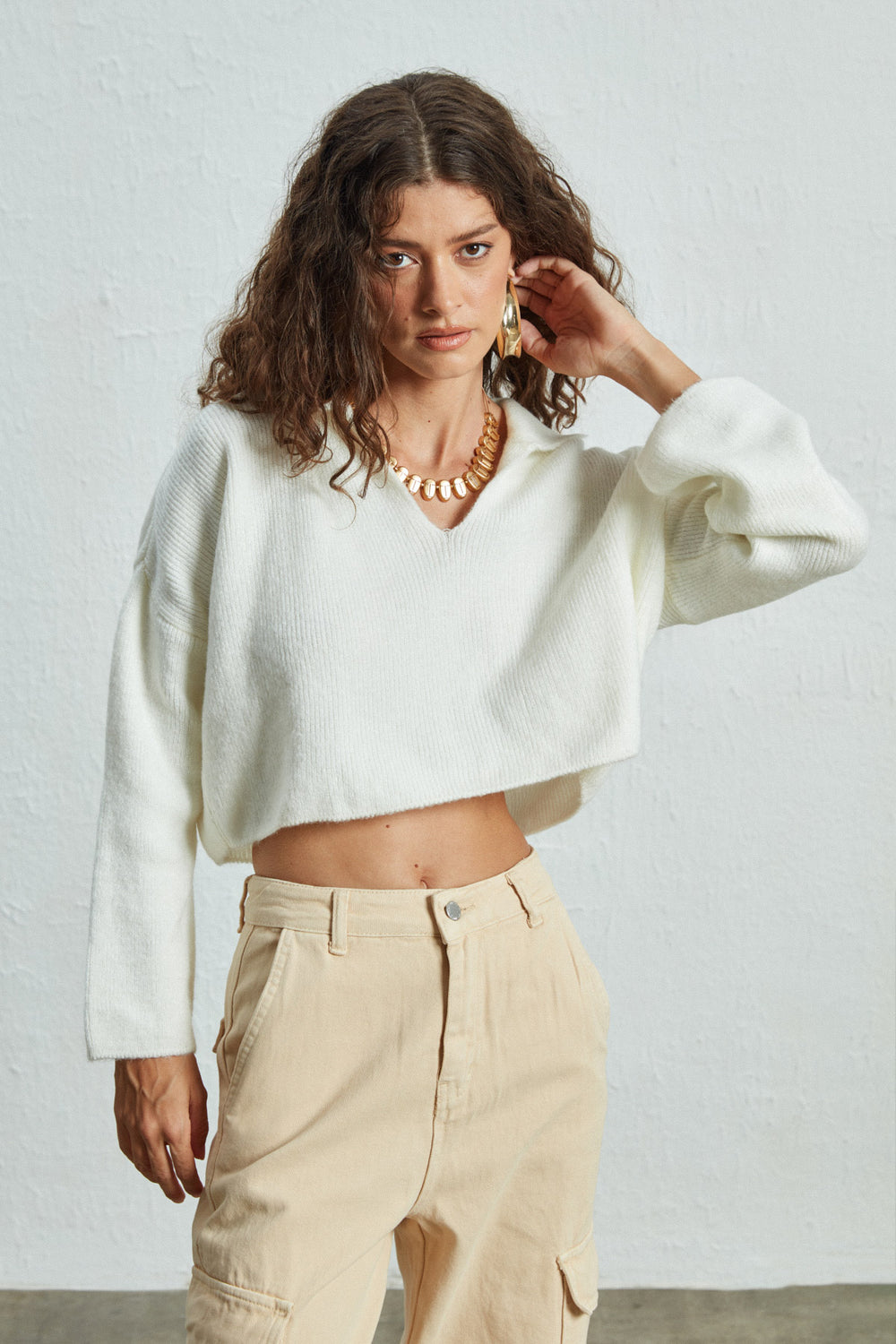 Shirt Collar Crop Sweater Ecru