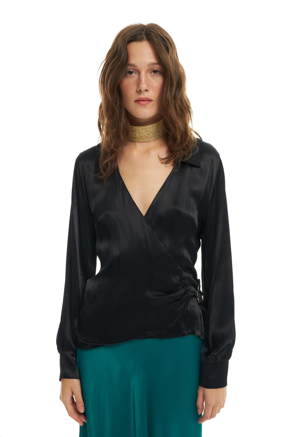Double Breasted Tie Satin Shirt Black