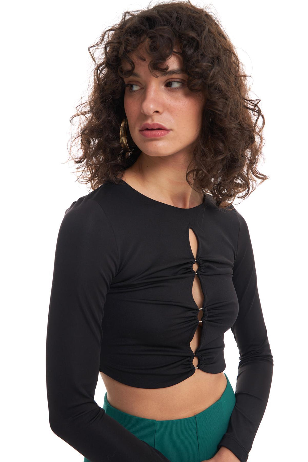 Front Ring Detailed Crop Blouse Black