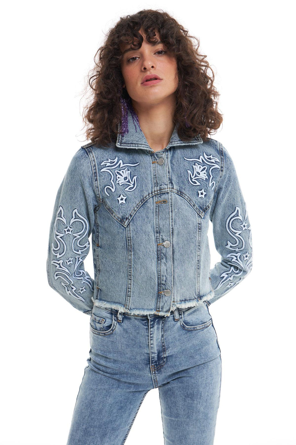 Embroidery Detailed Denim Jacket Ice Blue