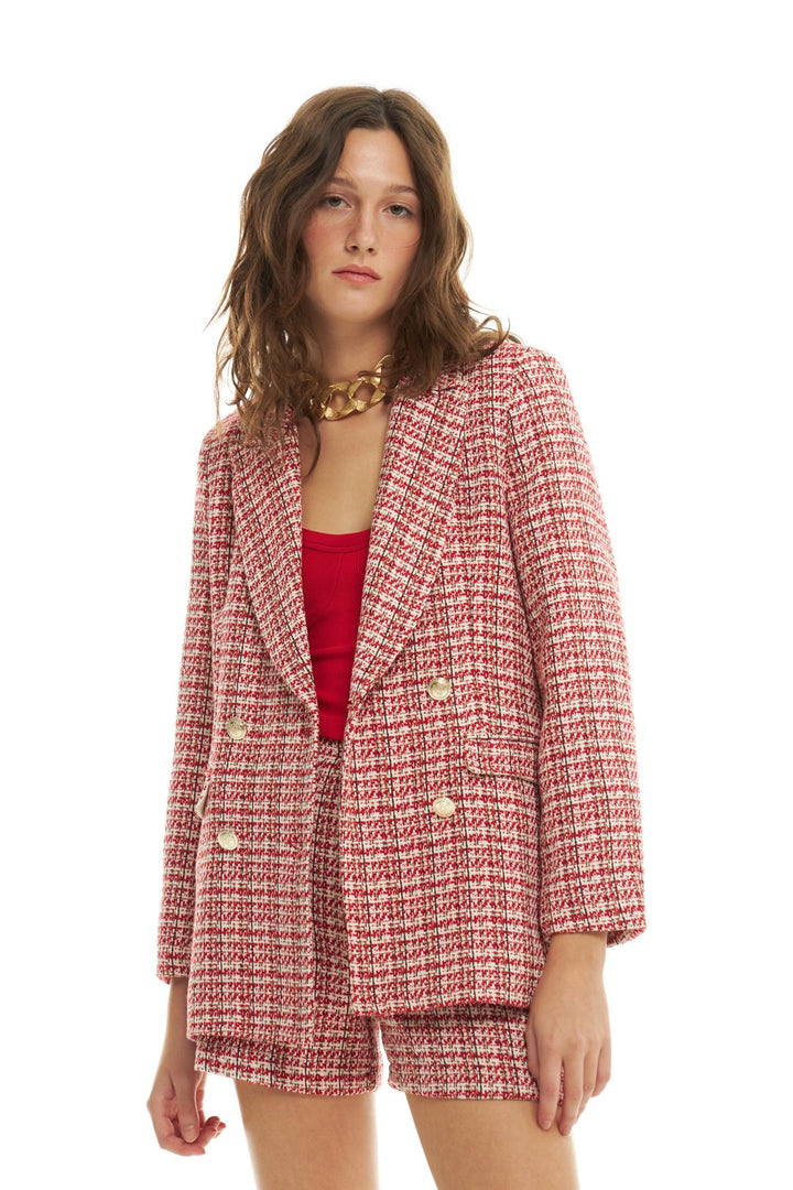 Kruvaze Yaka Düğme Detaylı Tüvit Blazer Ceket Kırmızı