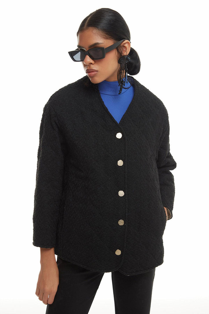 Kapitone Kaftan Kısa Ceket Siyah