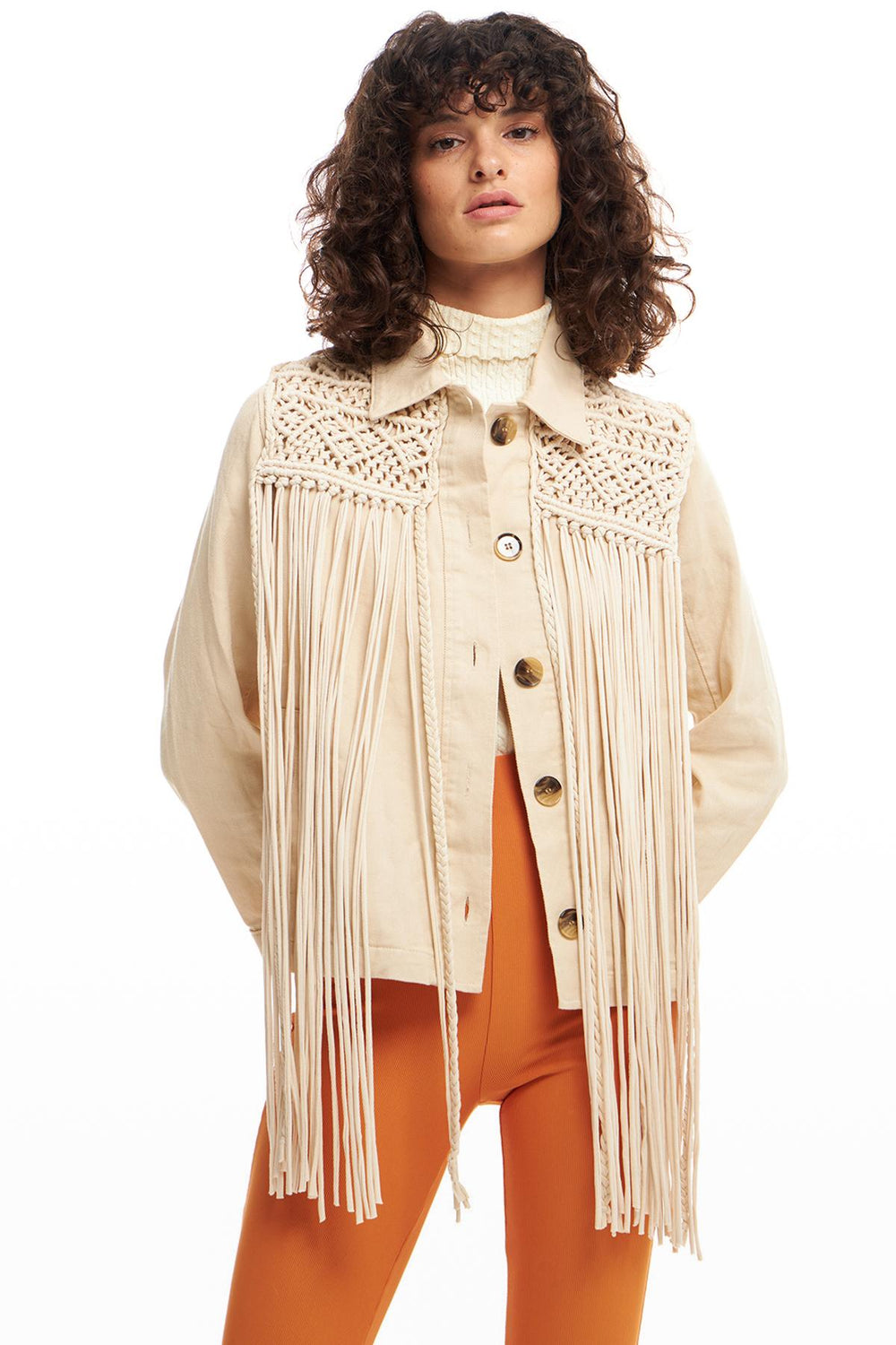 Tassel Detailed Denim Jacket Stone