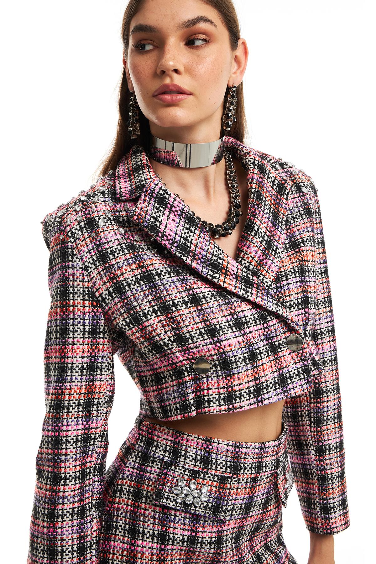 Tweed Crop Jacket Black with Stones on the Shoulders