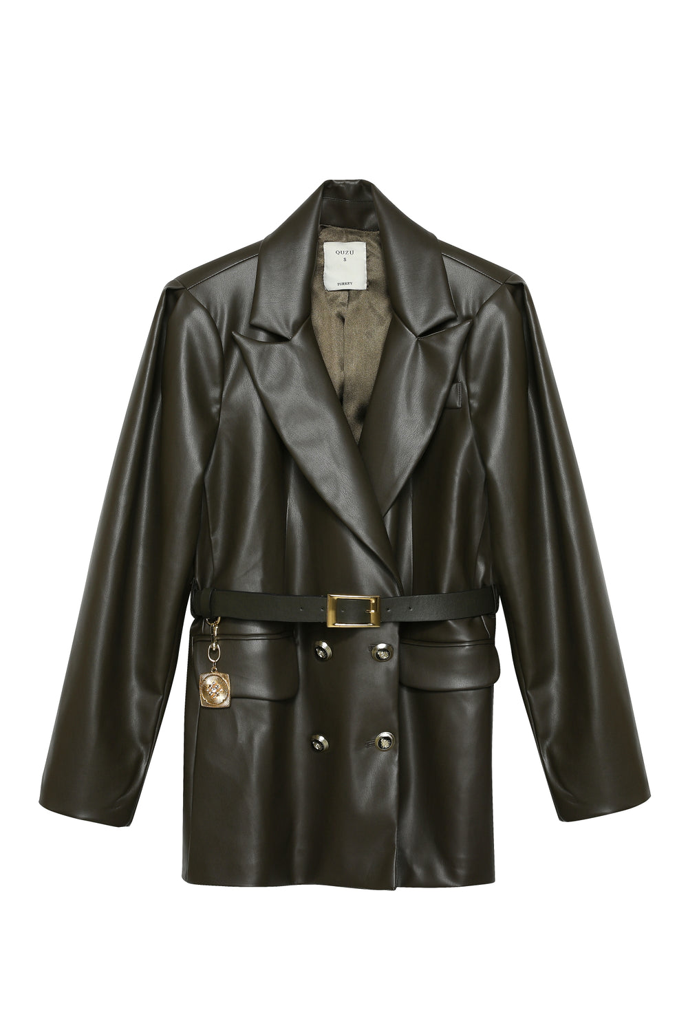 Belt Detailed Leather Blazer Jacket Khaki