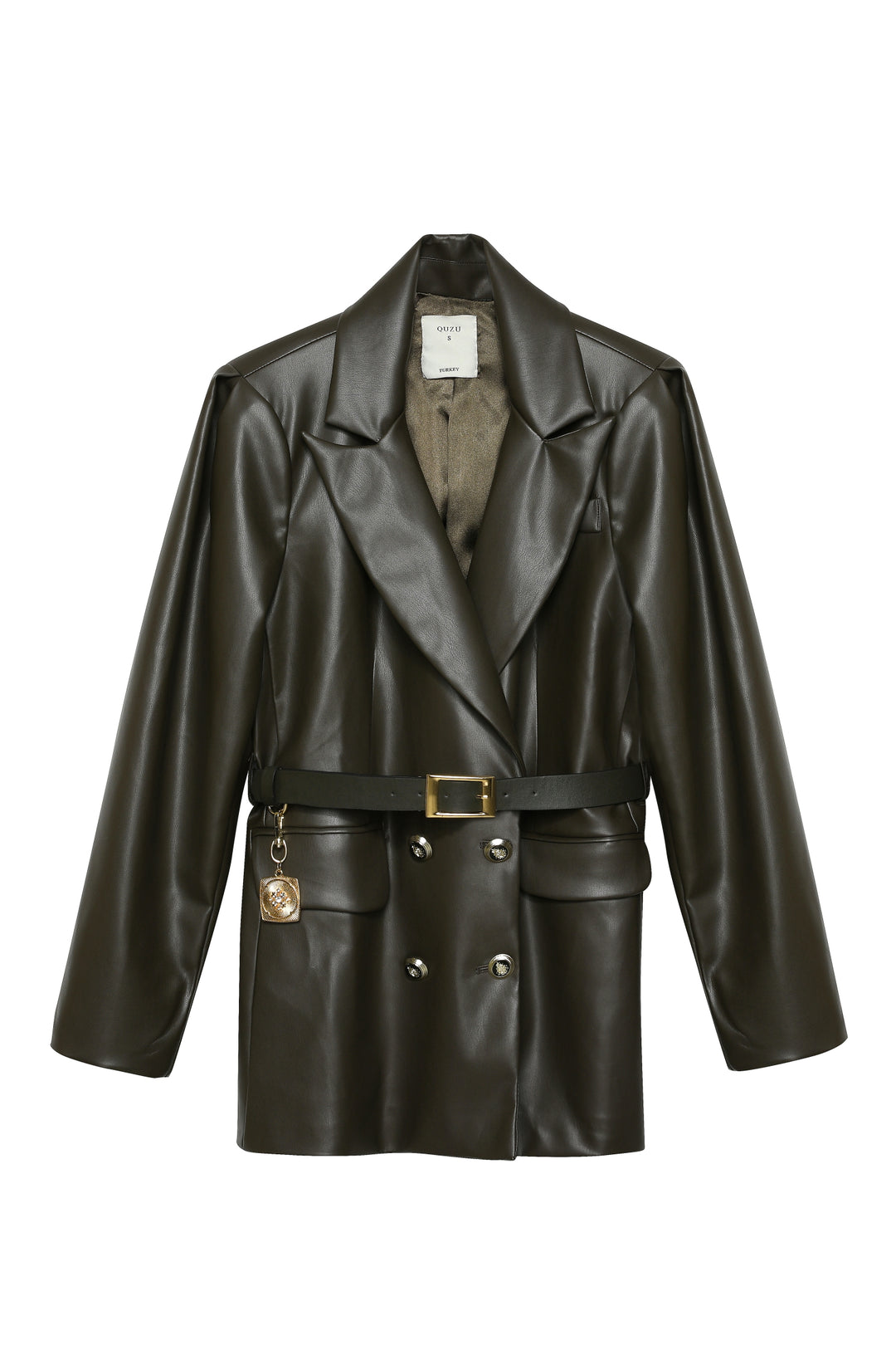 Belt Detailed Leather Blazer Jacket Khaki