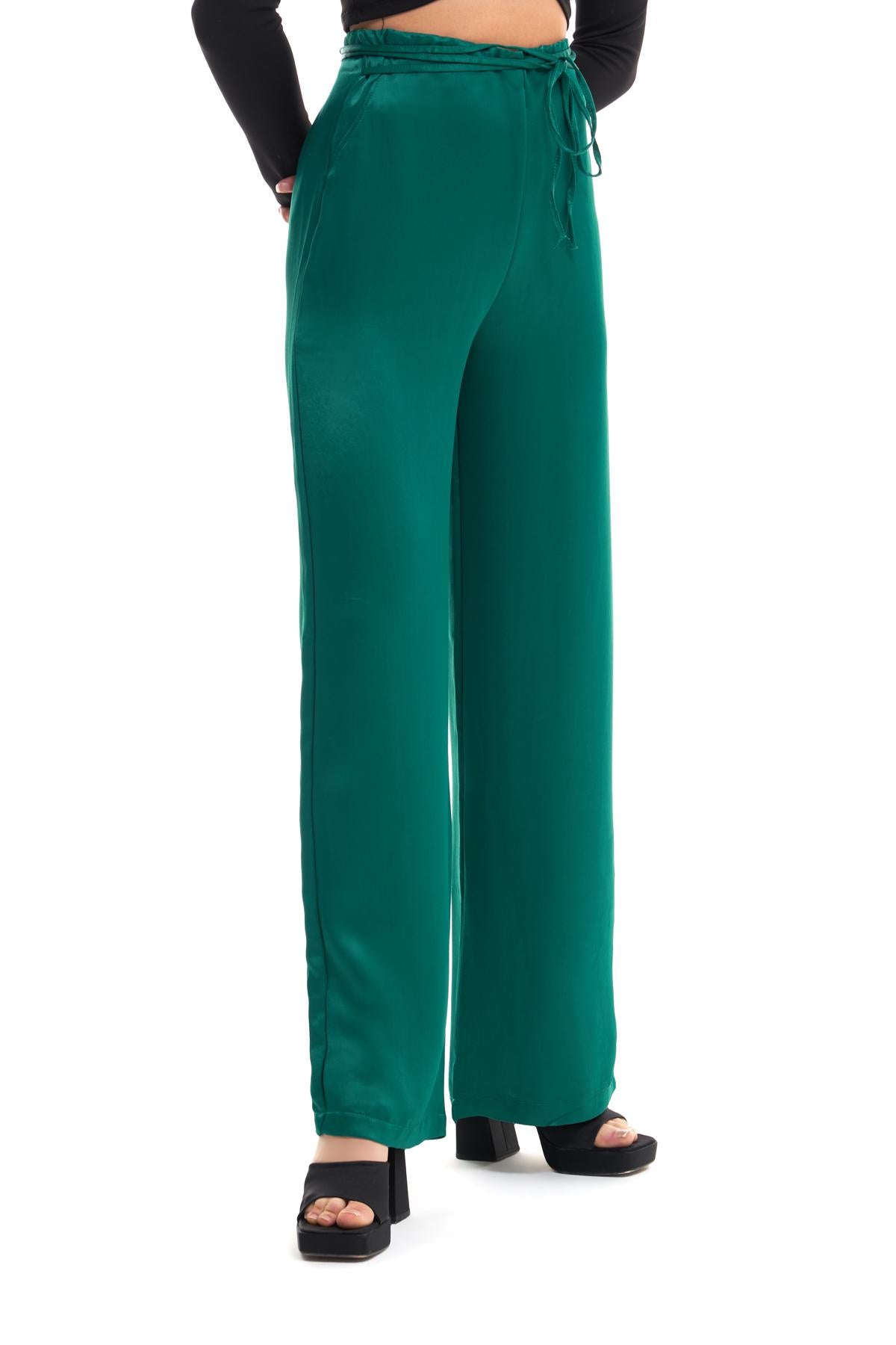 Wide Leg Satin Trousers Dark Green