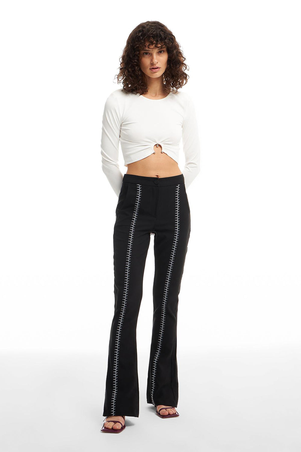 Embroidery Detailed Wide Leg Trousers Black