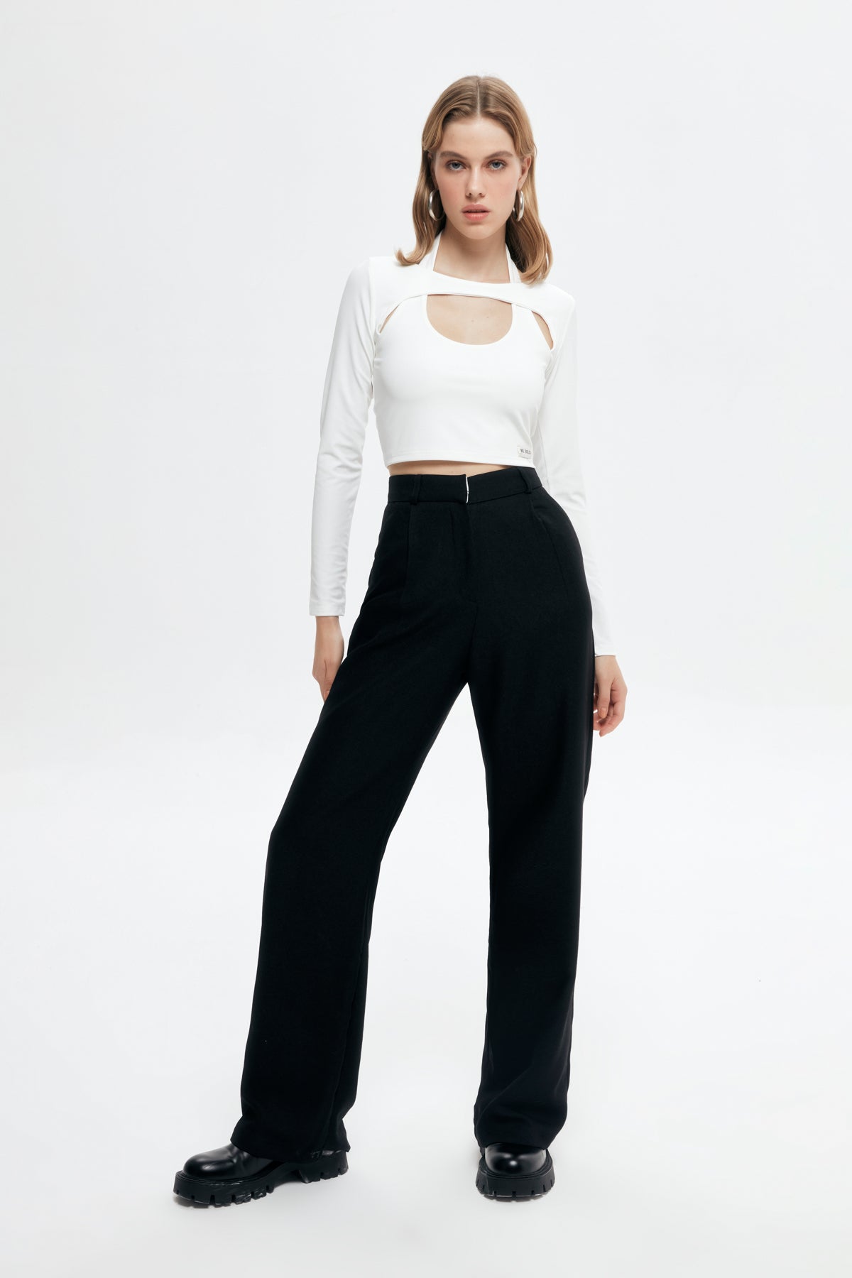 High Waist Wide Leg Fabric Trousers Black