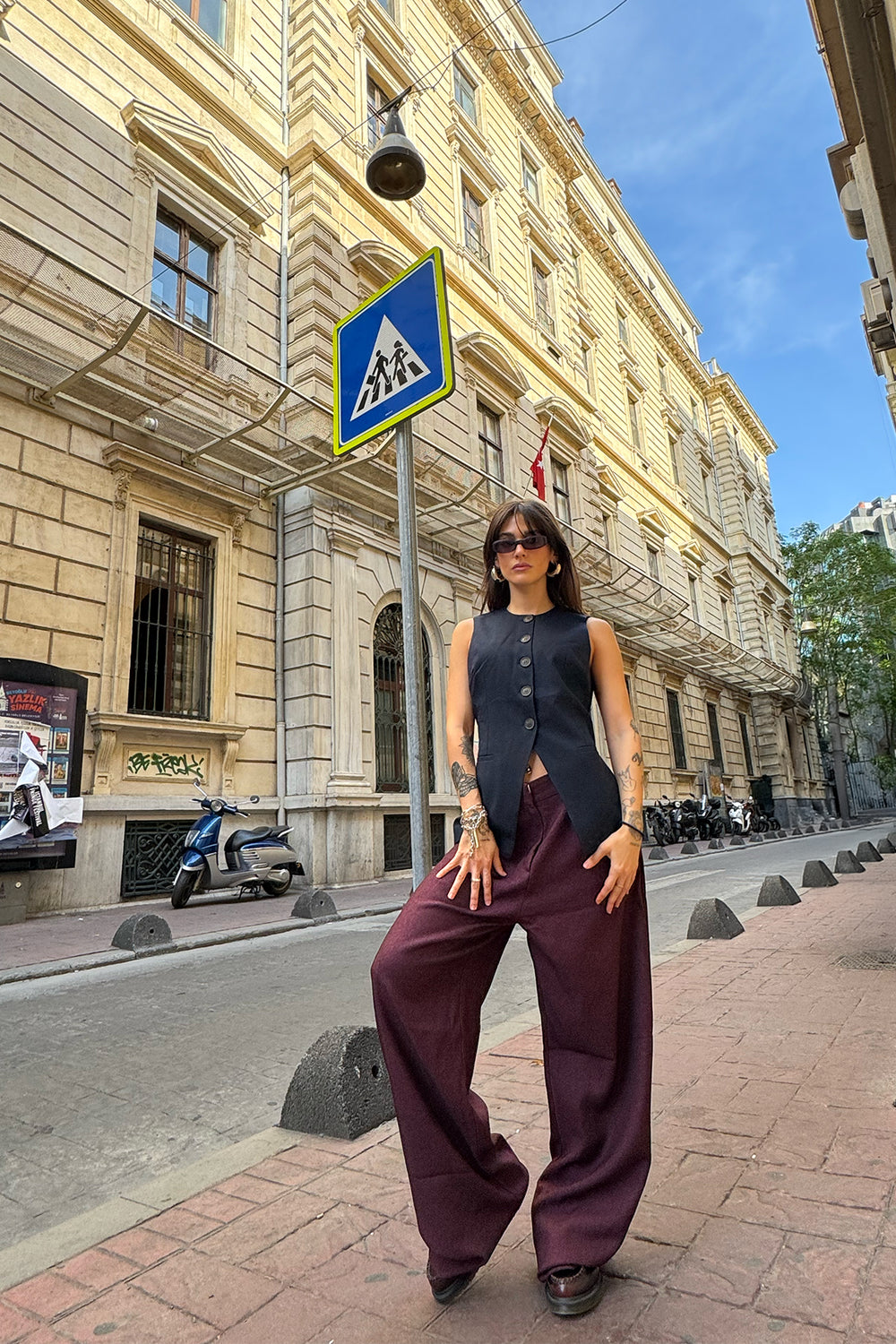 Bol Paça Palazzo Kumaş Pantolon Mürdüm
