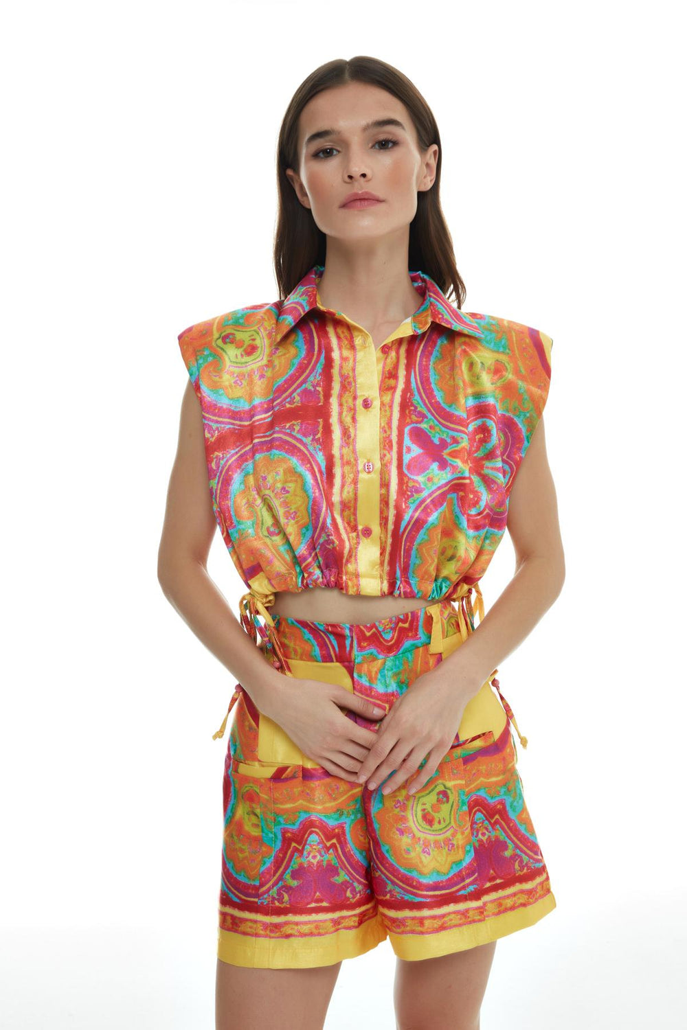 Colorful Patterned Ruffle Detailed Shirt Fuchsia