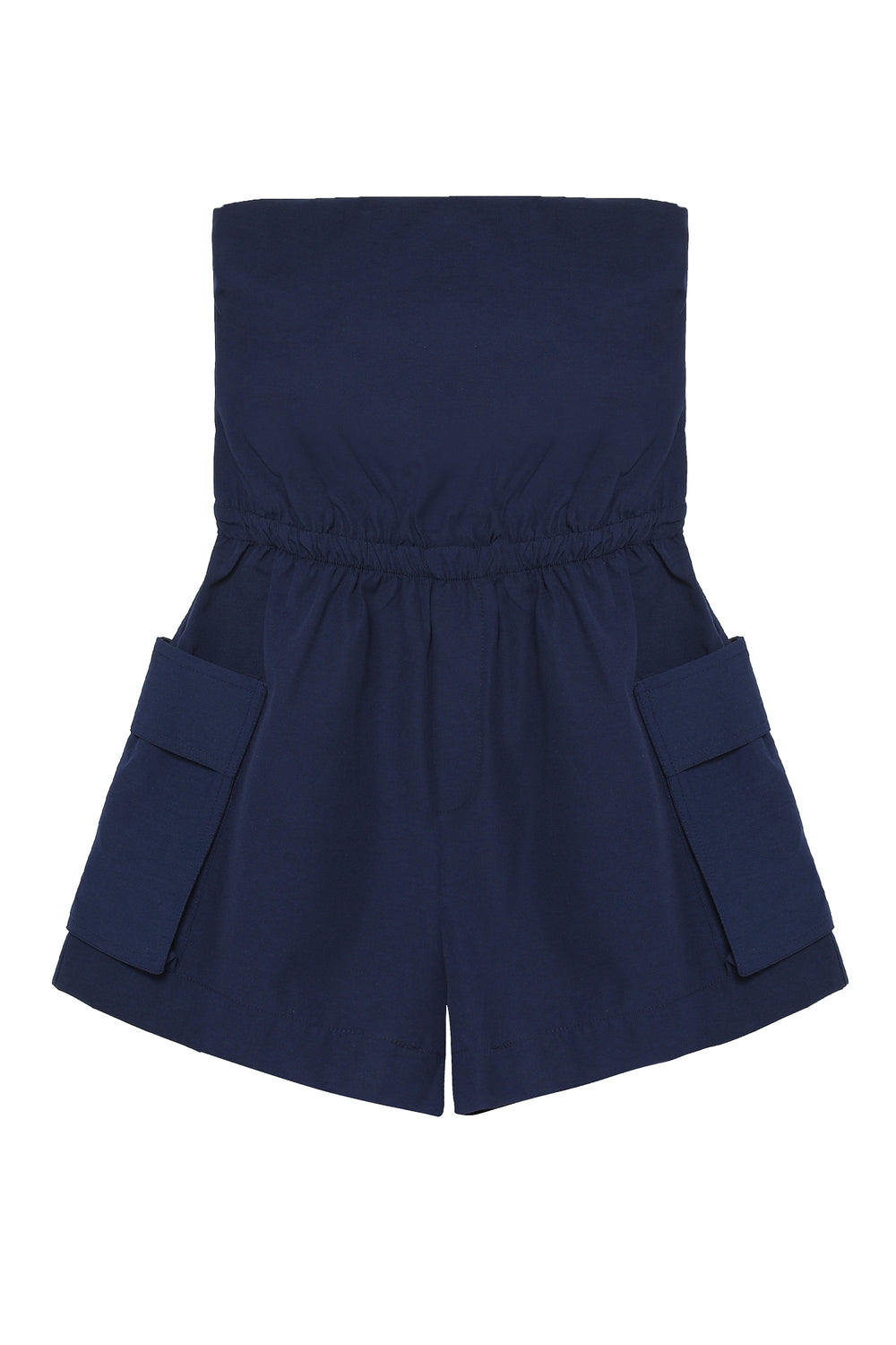 Pocket Detailed Strapless Shorts Jumpsuit Navy Blue