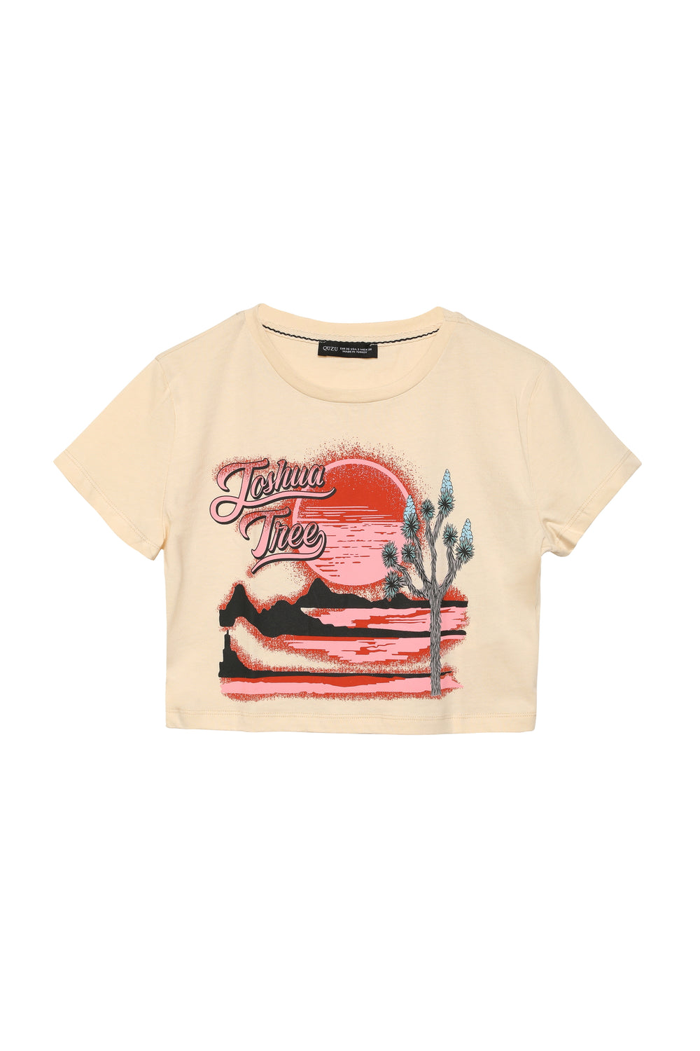 Bisiklet Yaka Crop Baskılı Tişört Açık Bej