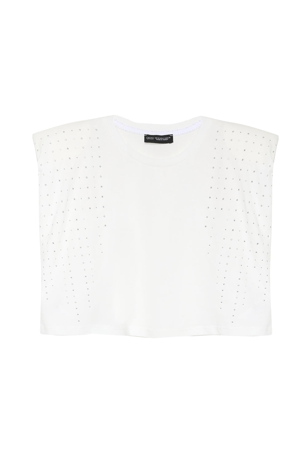 Stone Detailed Padded Crop T-Shirt Ecru