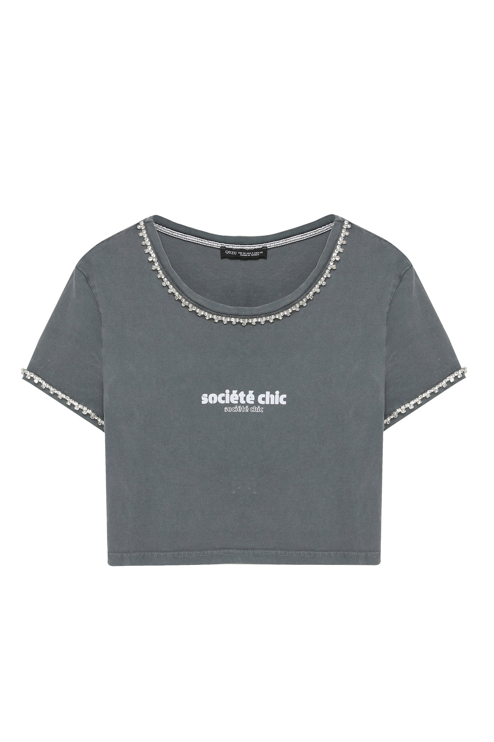 Stone Detailed Crop Printed T-Shirt Anthracite