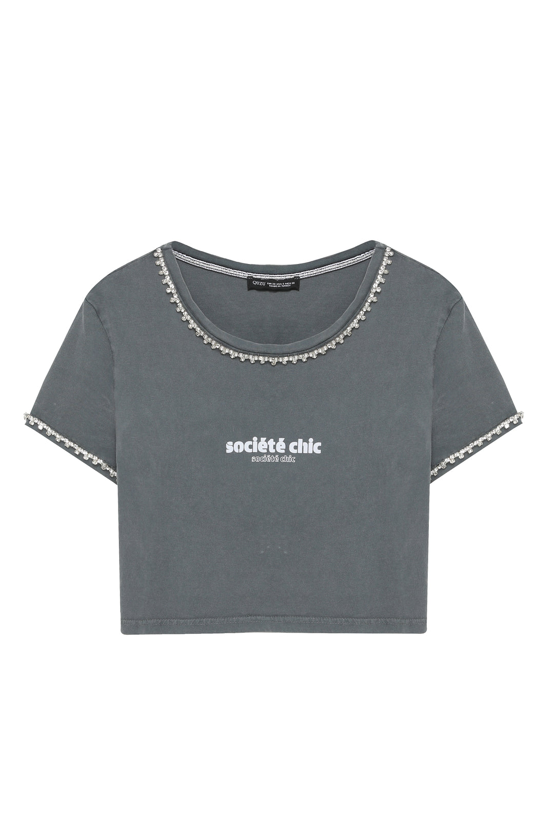 Stone Detailed Crop Printed T-Shirt Anthracite