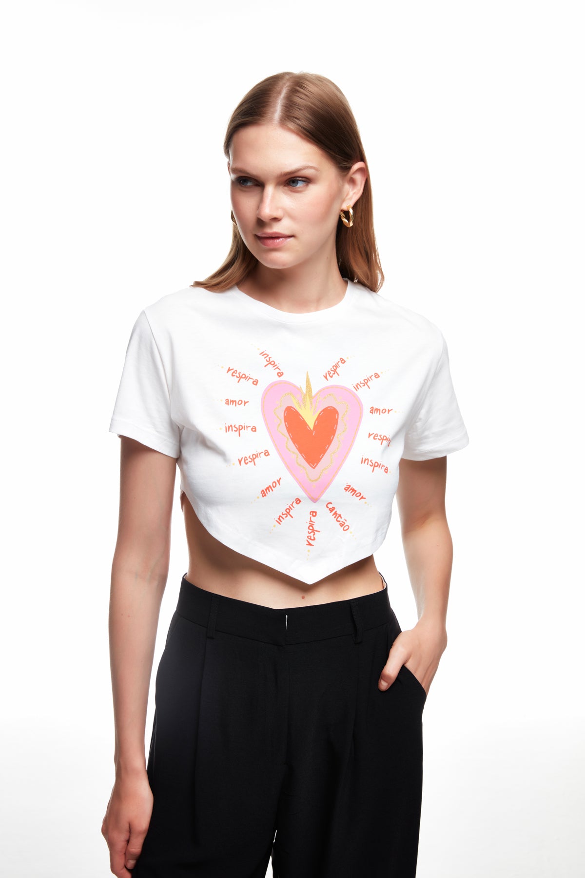 Heart Printed Crop T-Shirt Ecru