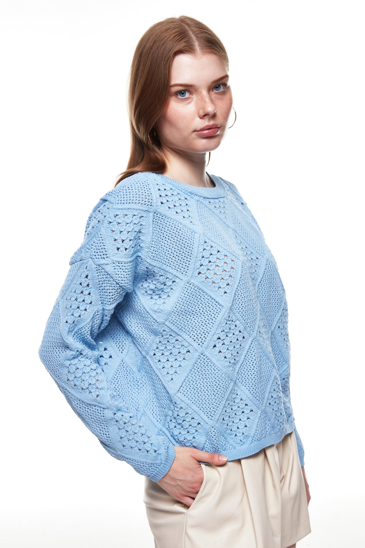 Crew Neck Hole Knitwear Blue