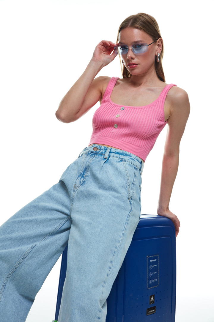 Button Detailed Strap Crop Knitwear Pink