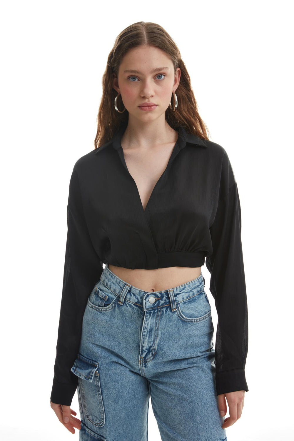 Elastic Waist Crop Blouse Black