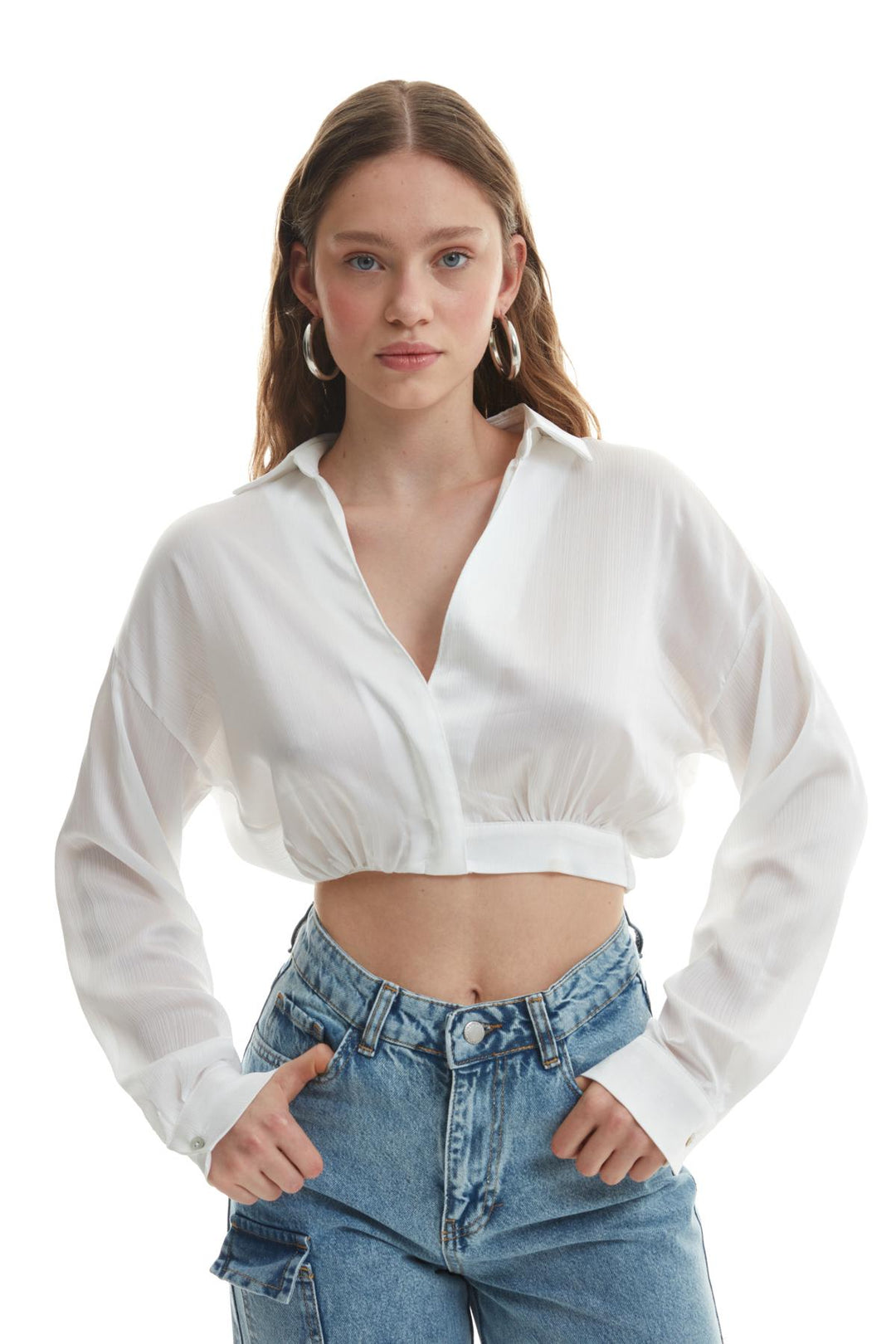 Ecru Crop Blouse With Elastic Waist