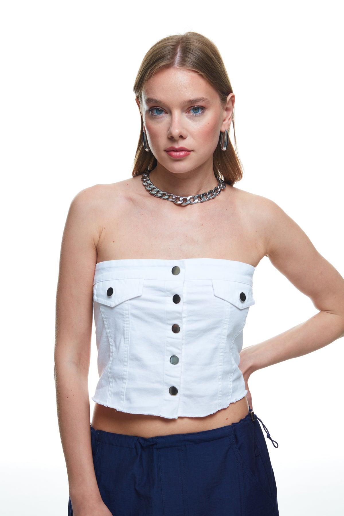 Button Detailed Strapless Blouse Ecru