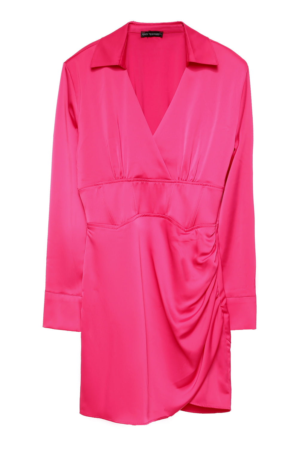 Double Breasted Neck Underwire Detailed Satin Dress Fuchsia