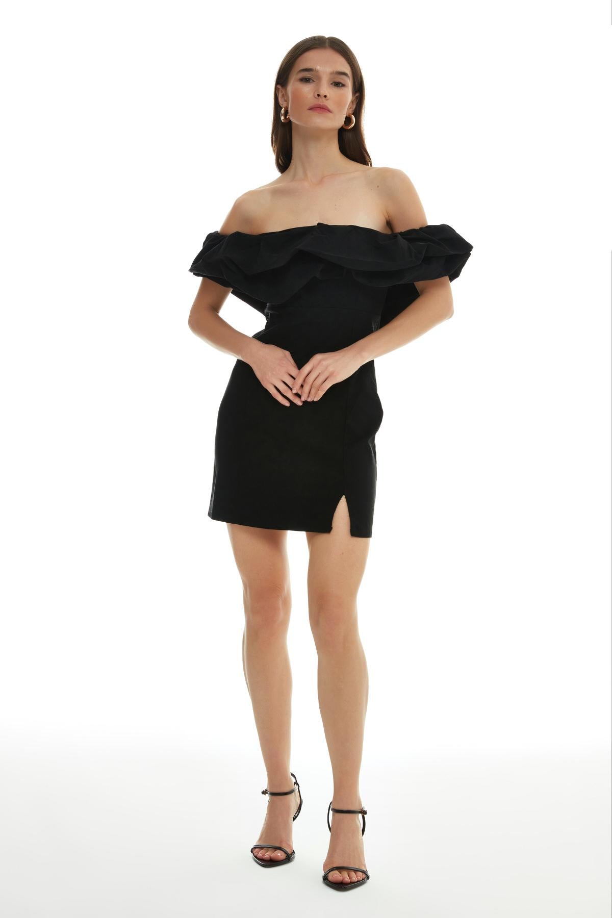 Frill Detailed Strapless Mini Dress Black