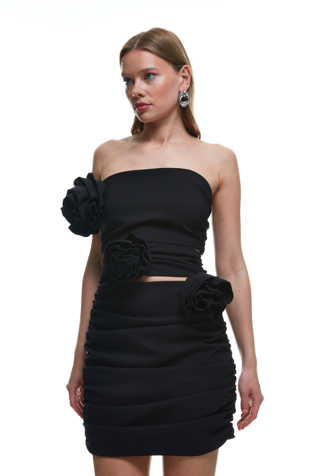 Rose Detailed Decollete Strapless Mini Dress Black
