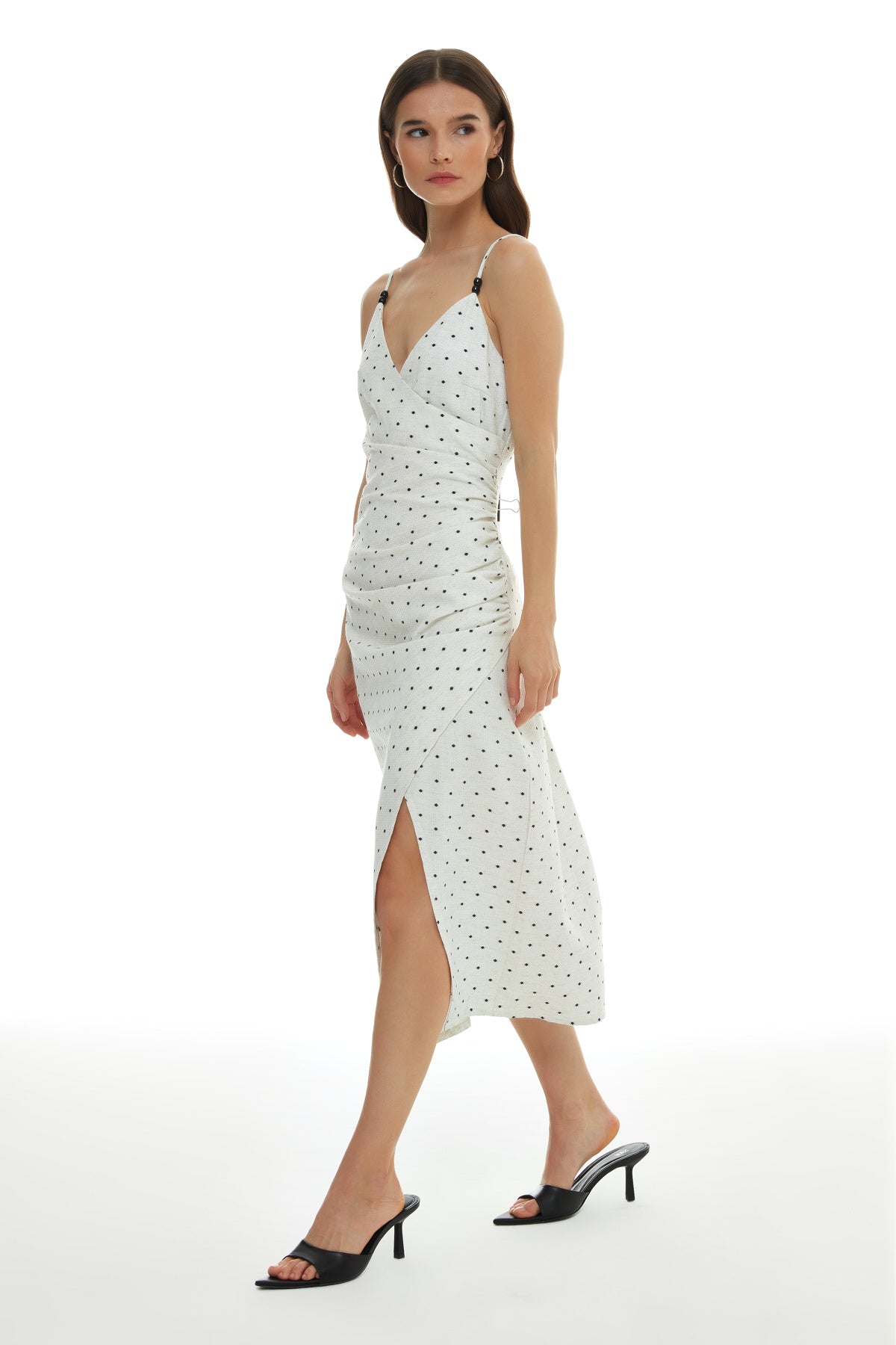 Strap Double Breasted Midi Length Linen Dress Bone