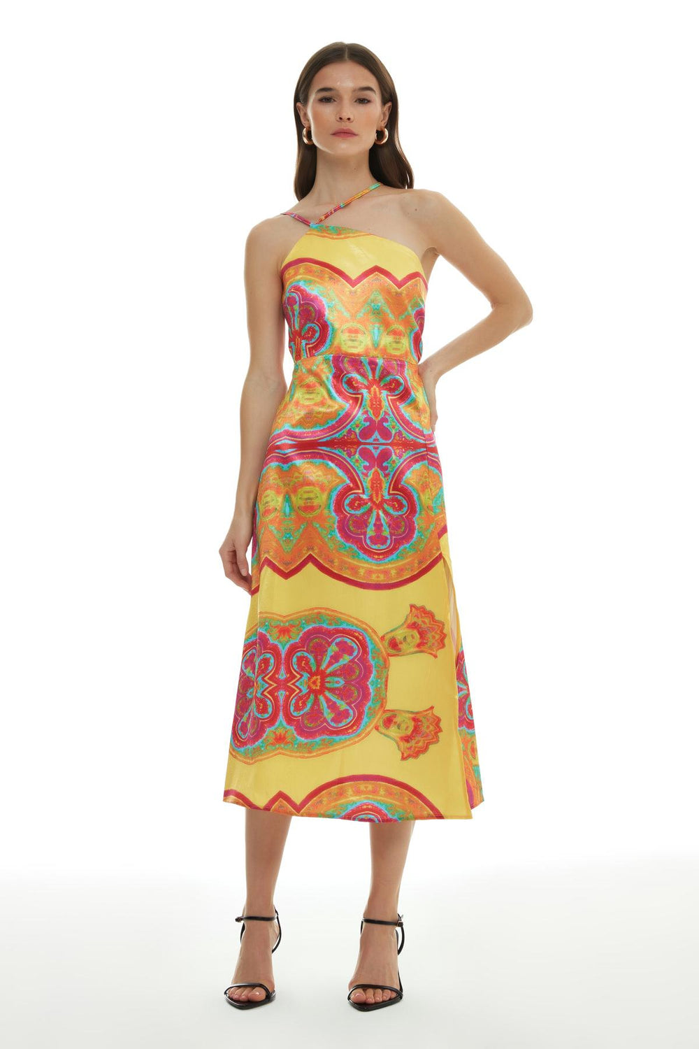 Renkli Desenli Tek Omuz Saten Elbise Fuşya