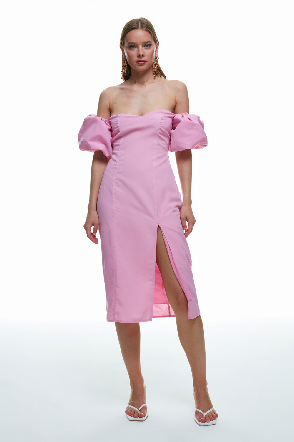 Balloon Sleeve Detailed Slit Dress Pink