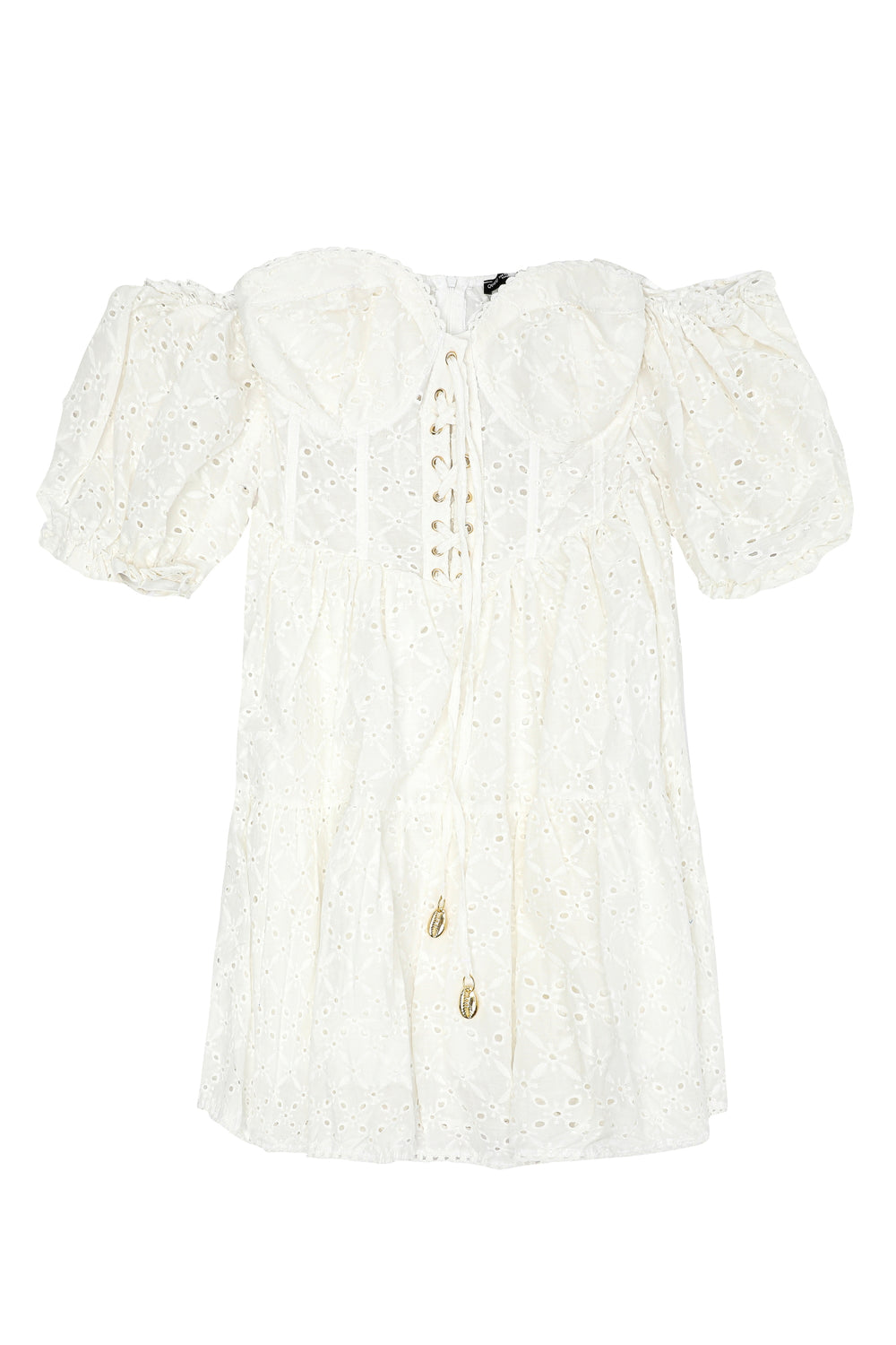 Scalloped Detail Balloon Sleeve Mini Dress Ecru