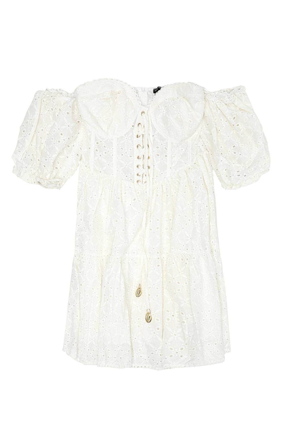 Scalloped Detail Balloon Sleeve Mini Dress Ecru