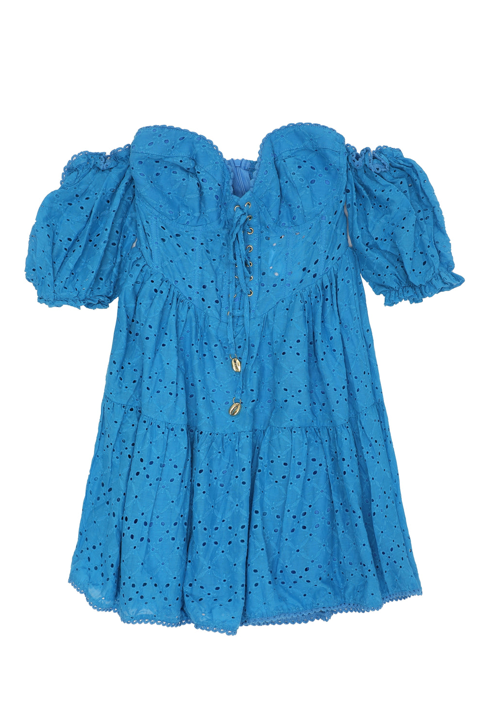 Scalloped Detail Balloon Sleeve Mini Dress Blue